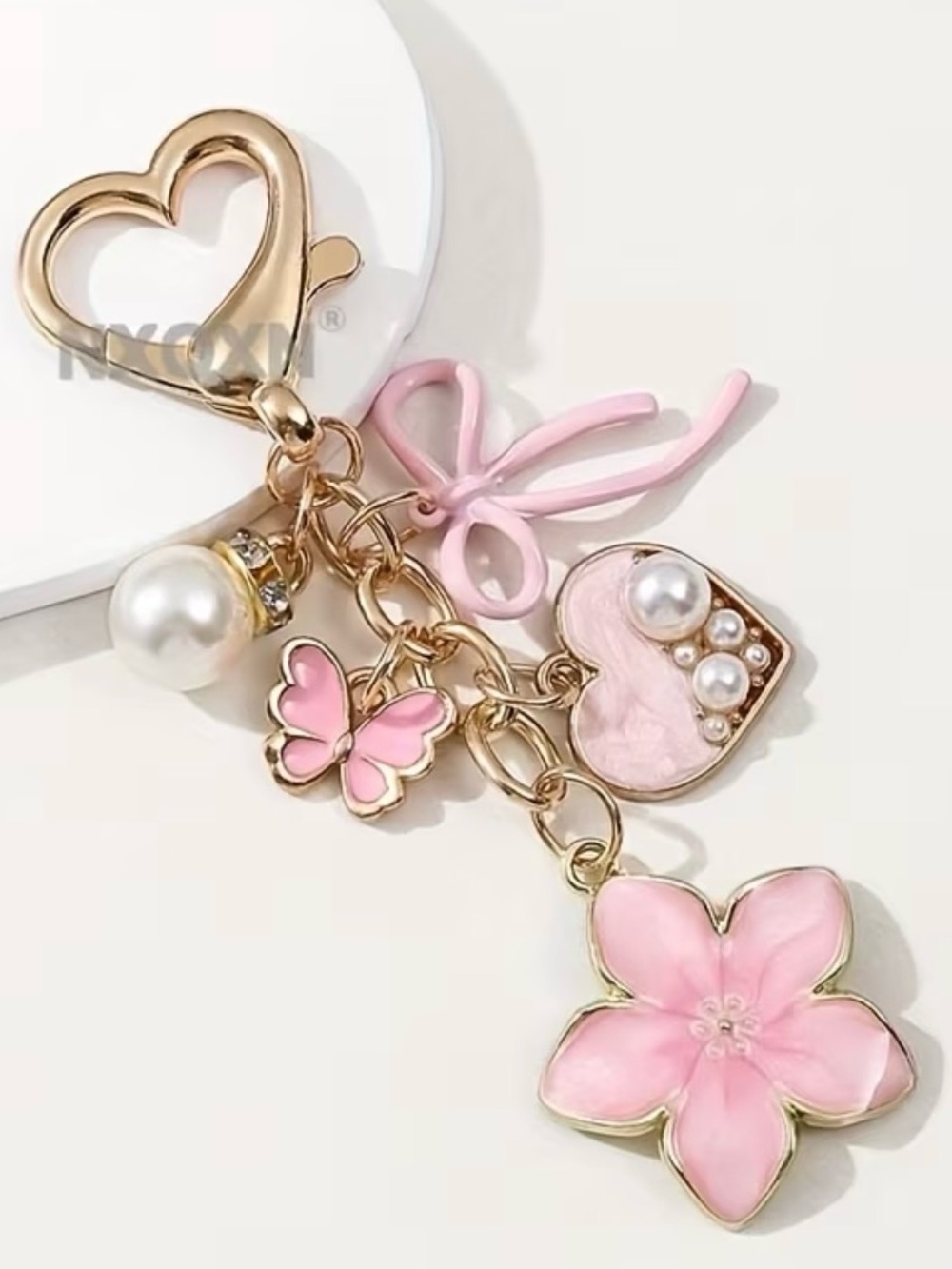 Pink Floral & Heart Charm Keychain